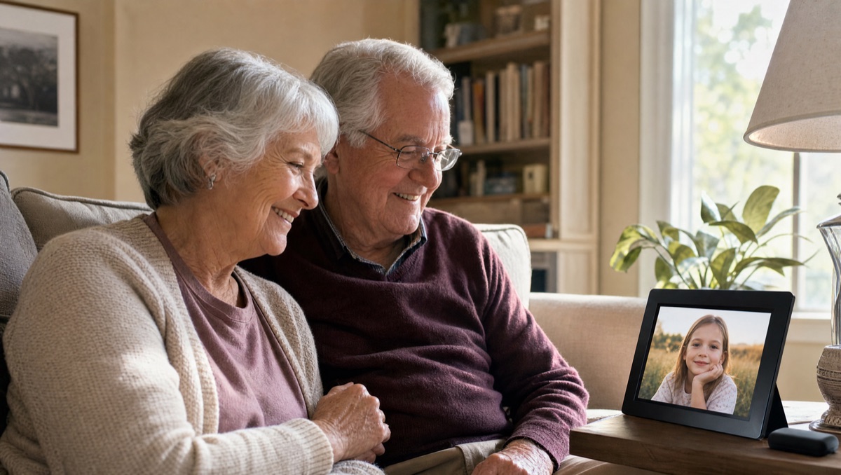 Grandparents smiling at a digital photo frame showing a grandchild
