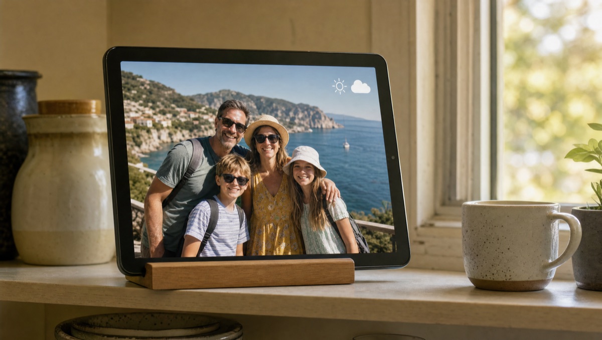 An old Android tablet on a kitchen shelf used as a digital photo frame
