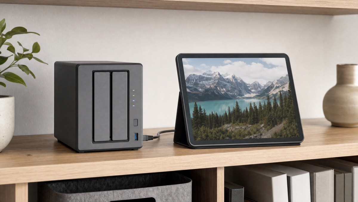 A tablet photo frame next to a small NAS on a shelf