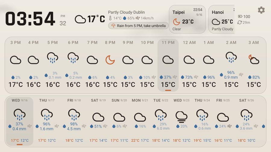 Weather clock app in a bright paper theme, readable in daylight